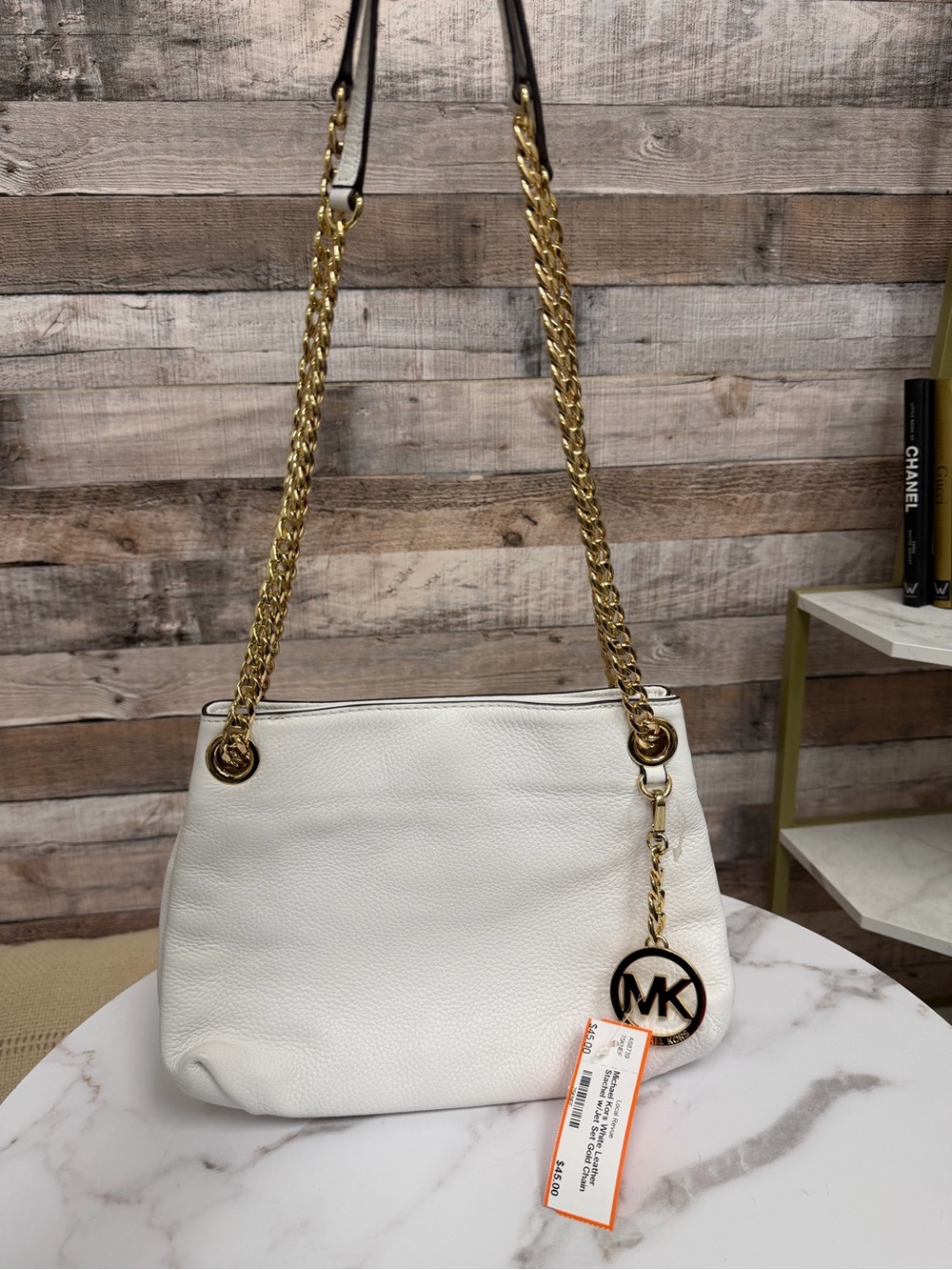 Michael Kors White Leather Satchel w/ Jet Set Gold Chain